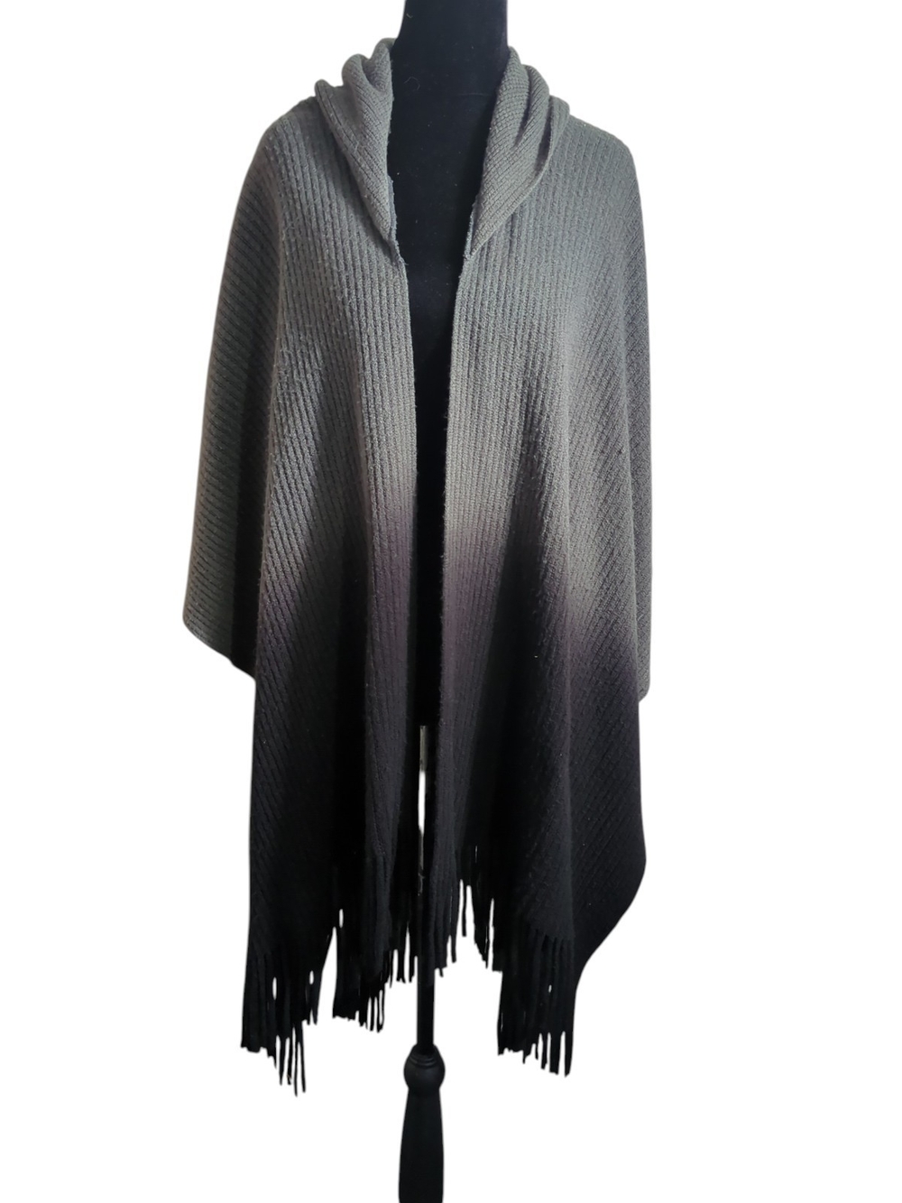 Echo New York Gray Black Ombre Hooded Poncho Ruana Ribbed Knit Fringe OS Shawl
